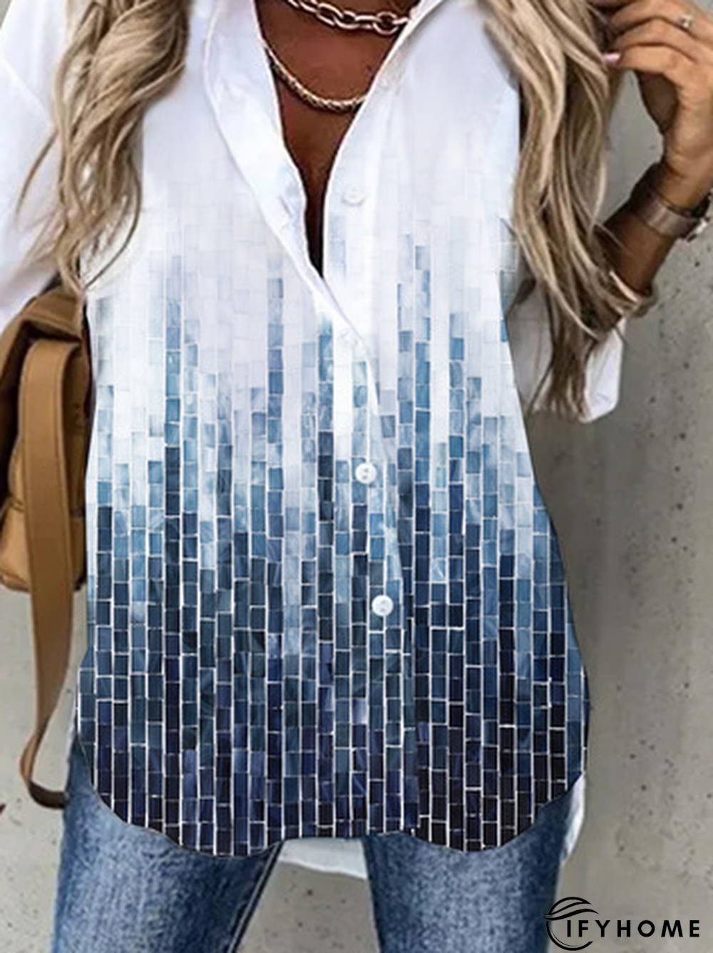 Casual Geometric Printed Shirt Collar Tunic Blouse | IFYHOME