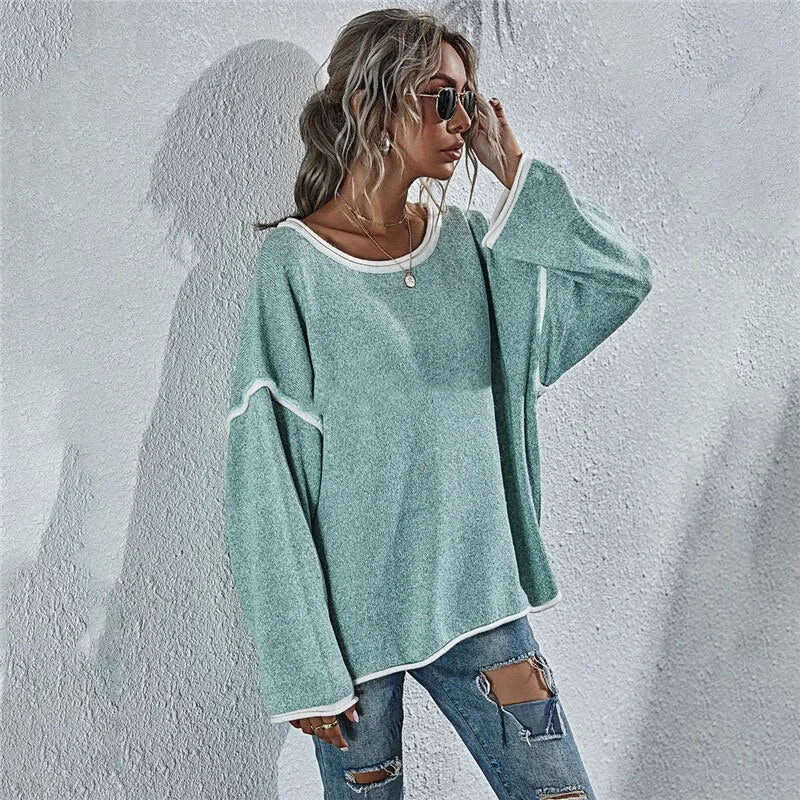 Fitshinling Vintage Oversized Sweater Women Patchwork Loose One Shoulder Jumper Knitwear Fashion Casual Pullover Winter Tops New