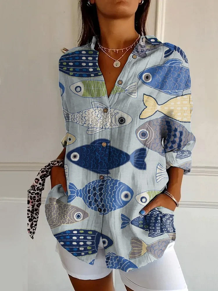 Japanese Fish Print Casual Long-sleeved Shirt