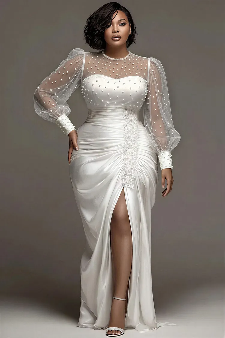 Xpluswear Design Plus Size Wedding Tulle White Round Neck Puff Sleeve Long Sleeve See Through Pearls Satin Maxi Dresses 2024 - Xpluswear
