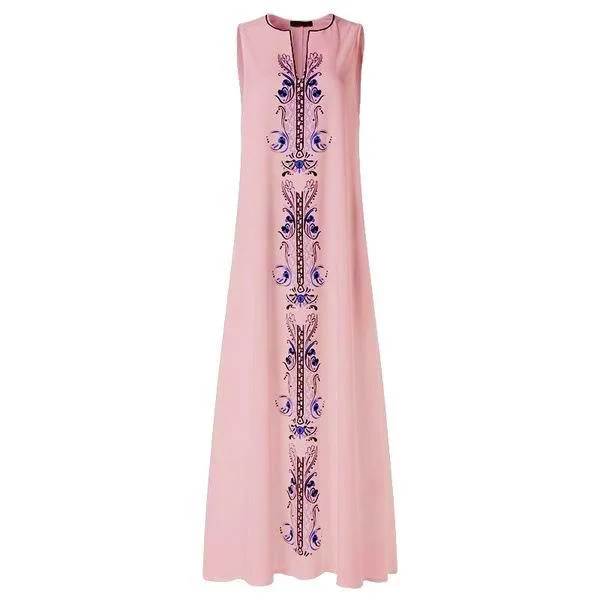 Retro Multicolor Printed Pocket V-neck Sleeveless Dress