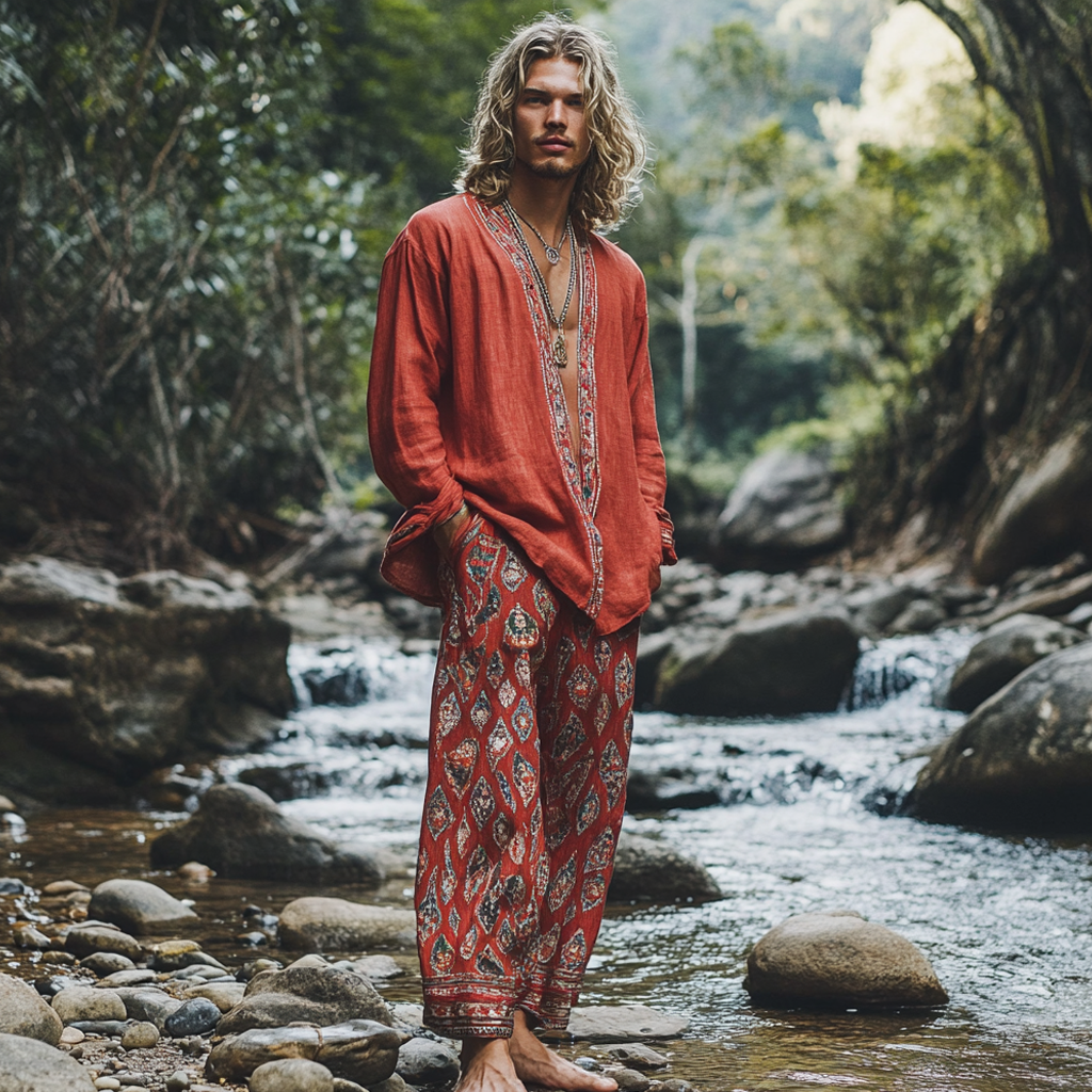 Men's Bohemian Holiday Style Vintage Ethnic Totem Print Cotton And Linen Casual Pants-inspireuse