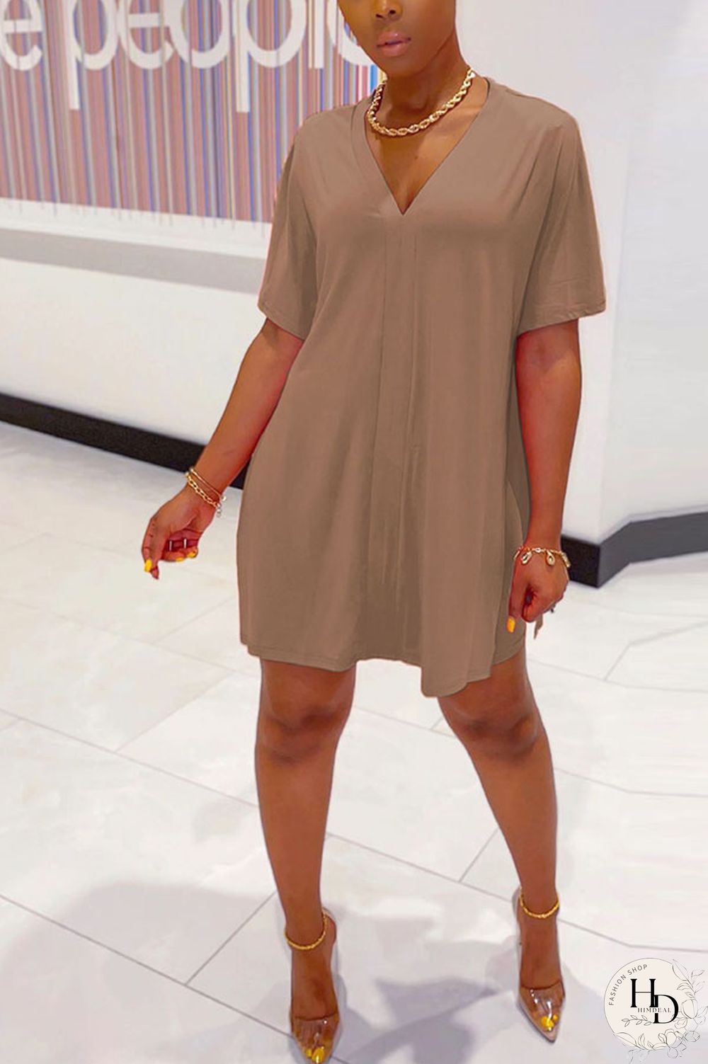 Coffee Fashion Street Solid Two Piece Suits Straight Short Sleeve Two Pieces