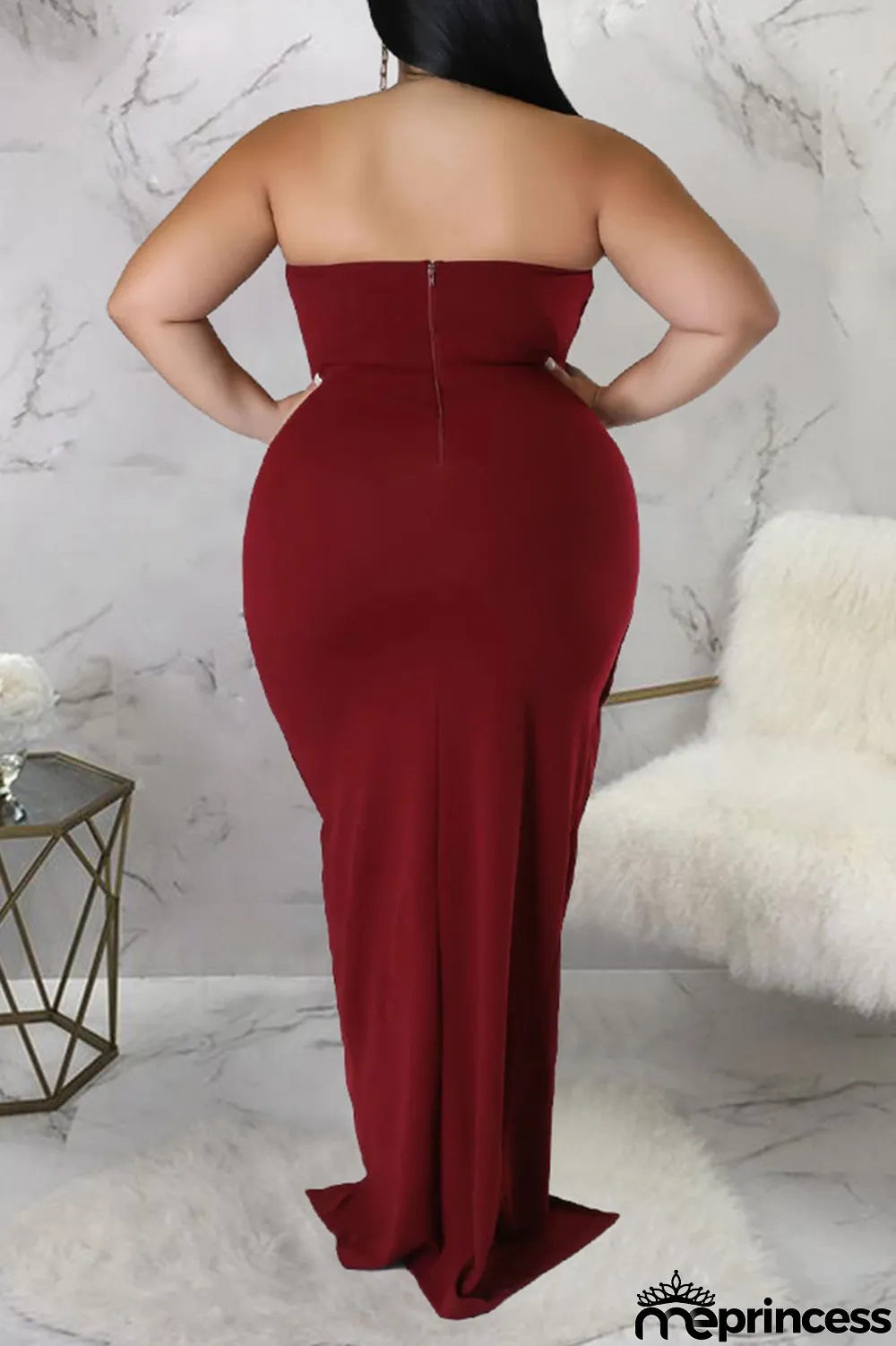Black Sexy Solid Patchwork Flounce Slit Asymmetrical Strapless Evening Dress Plus Size Dresses