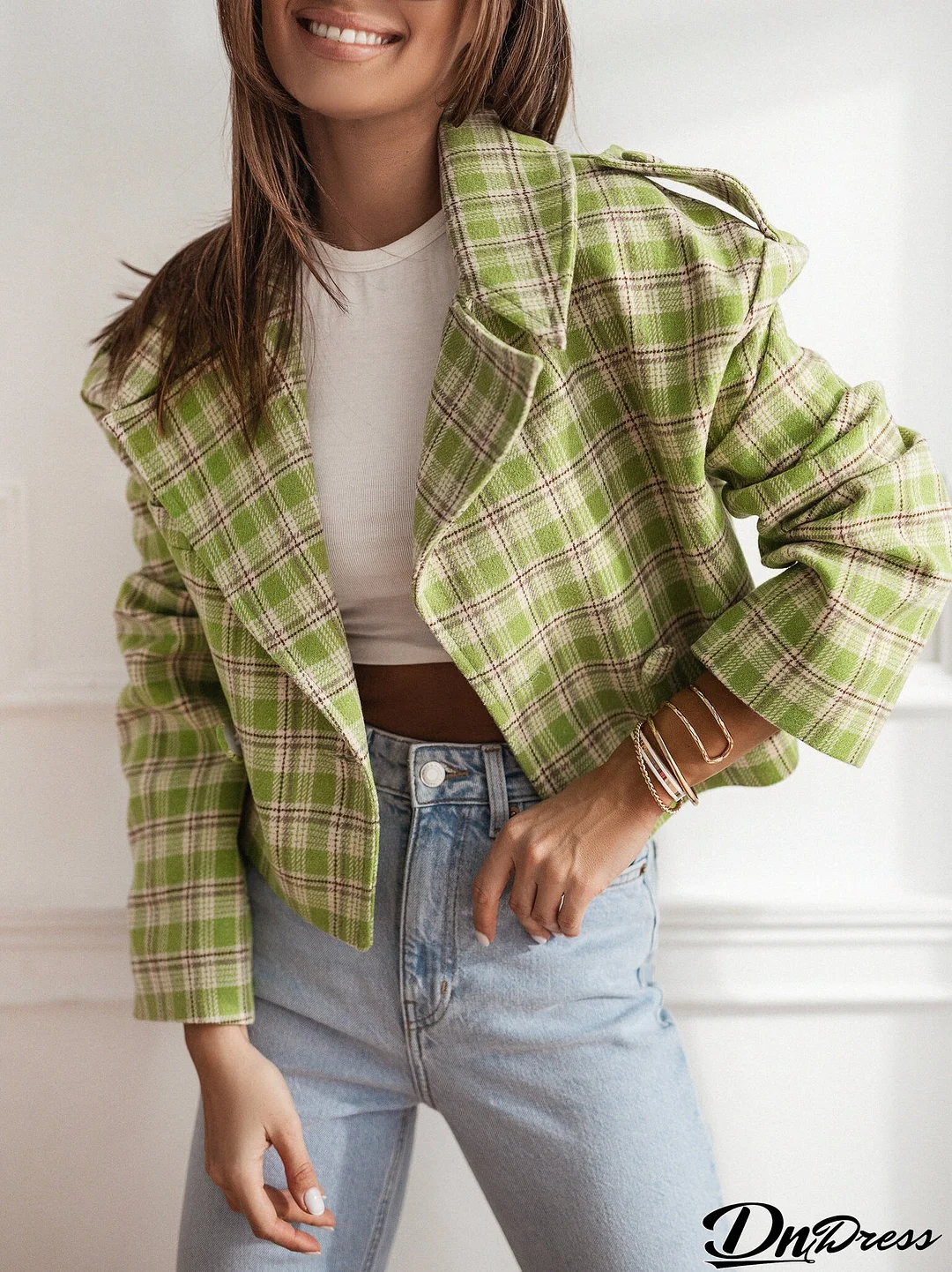 Women Fall/Winter Turndown Collar Plaid Print Jacket