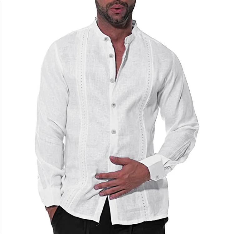 Casual Cotton Linen Stand Collar Long Sleeve Men's Shirt socialshop
