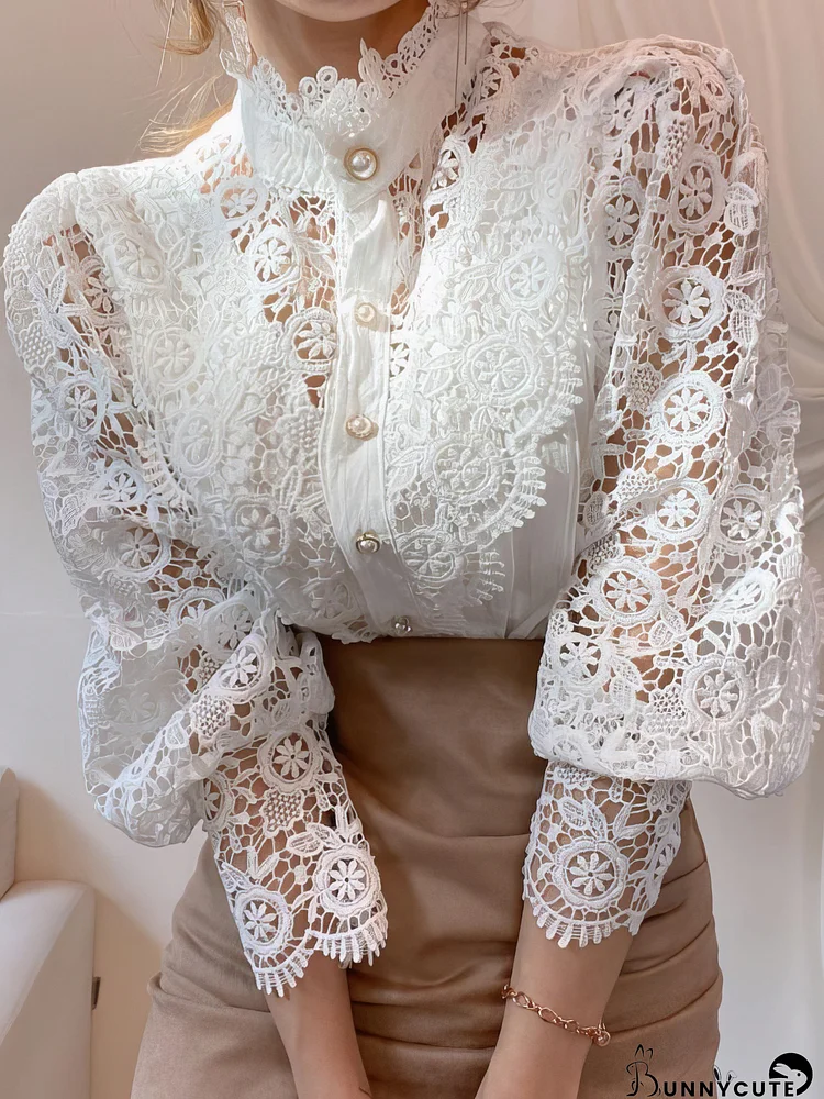 Pretty Lace Blouse with Long Sleeves and Pearl Buttons