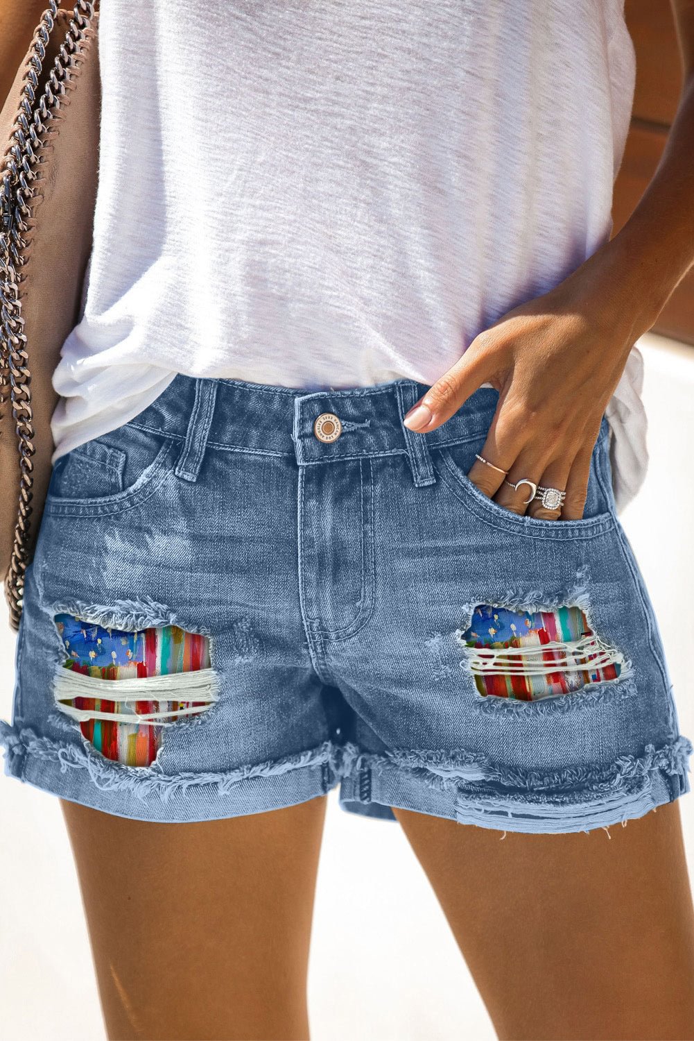 American Flag Pattern Splicing Distressed Denim Shorts