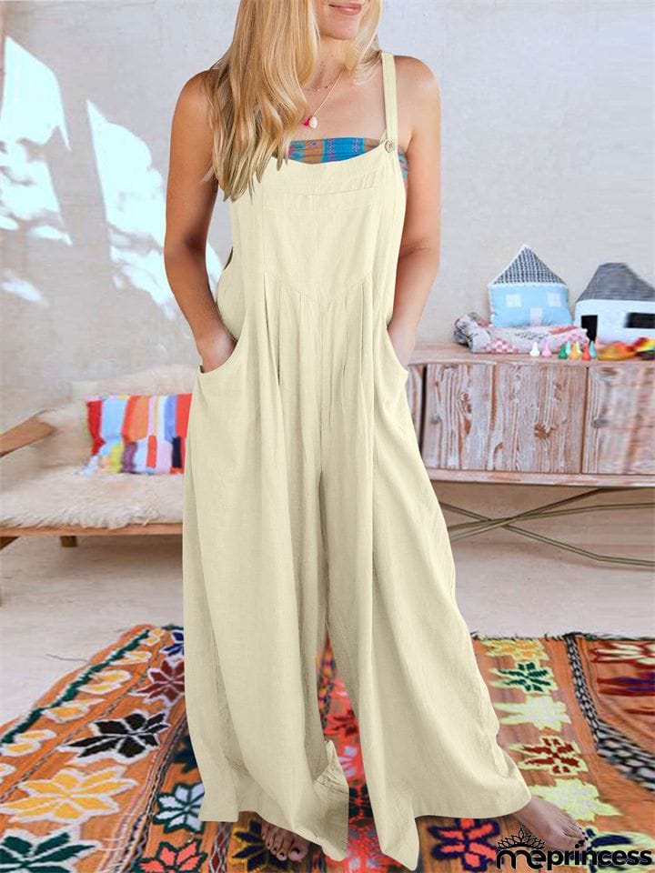 Summer Female Plus Size Solid Color Suspender Jumpsuits with Pockets