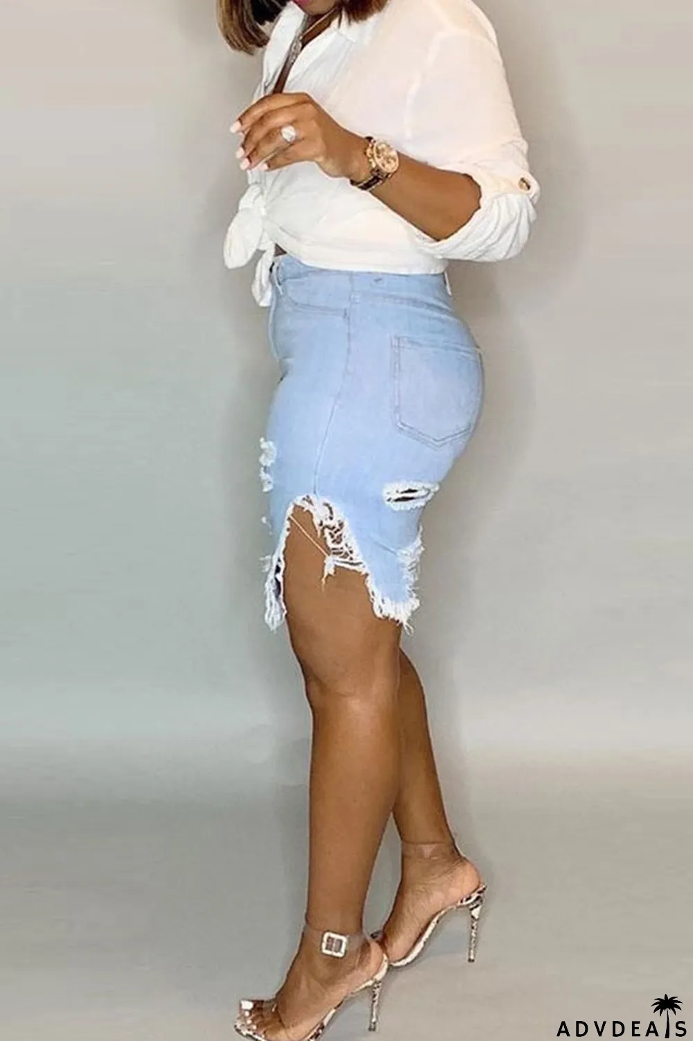 Light Blue Black Light Blue Dark Blue Denim Button Fly Mid Asymmetrical Boot Cut Capris Bottoms