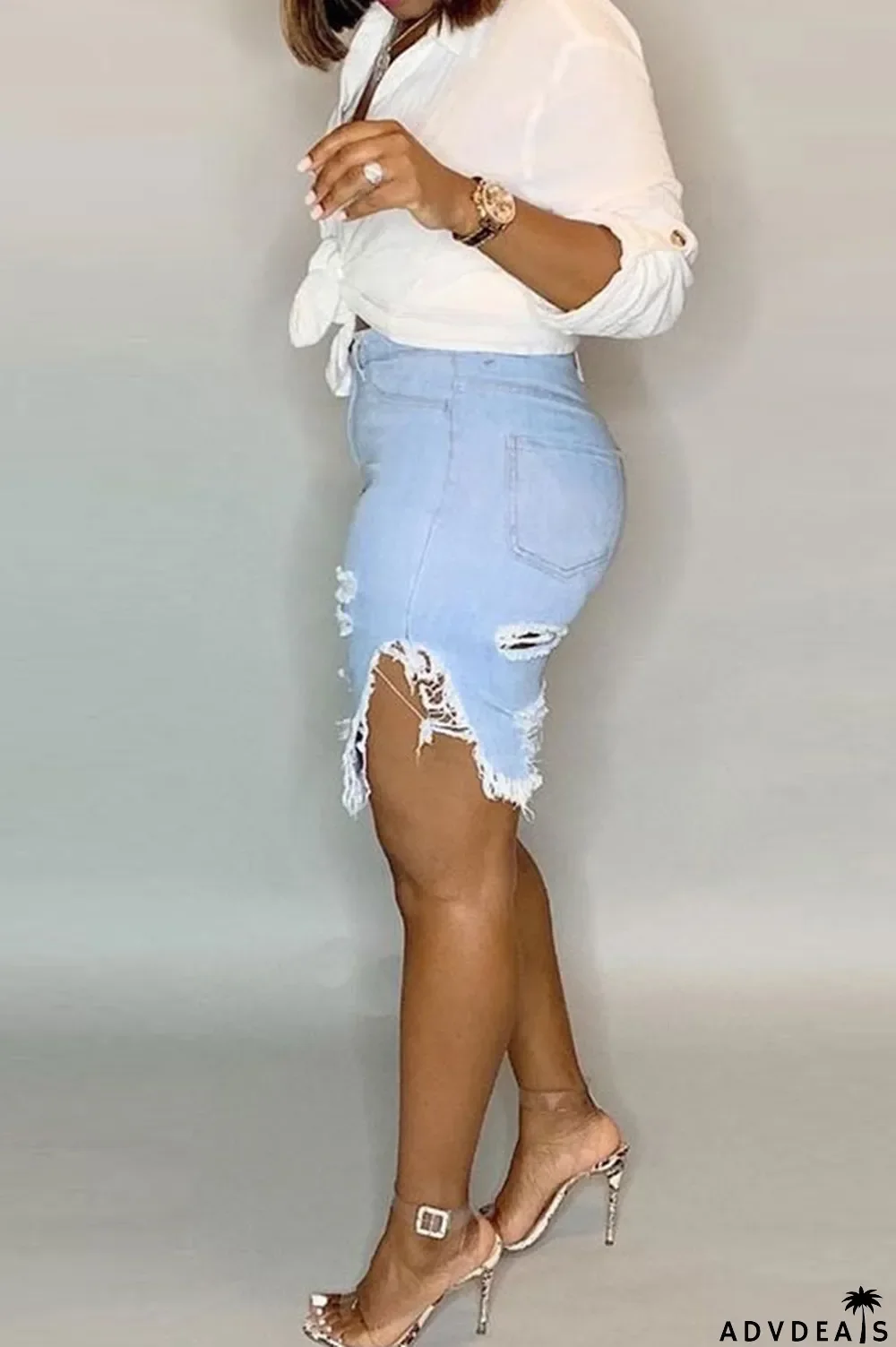 Light Blue Black Light Blue Dark Blue Denim Button Fly Mid Asymmetrical Boot Cut Capris Bottoms