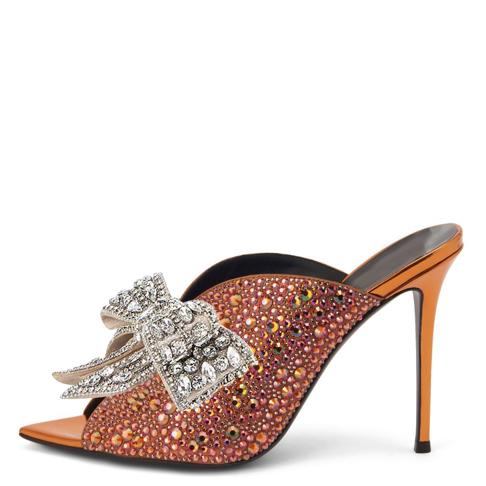 Orange Rhinestone Pointy Toe 4'' Stiletto Heel Mules with Bow Nicepairs