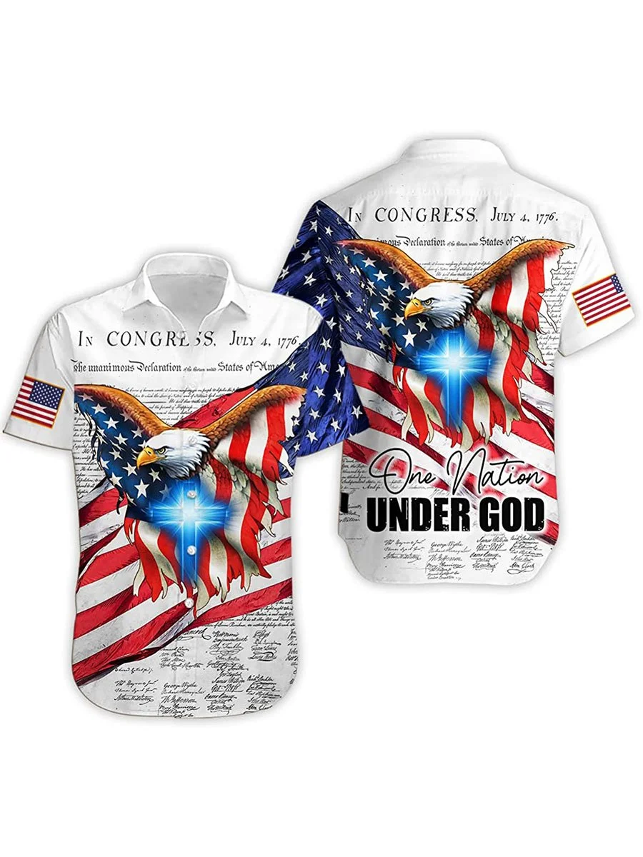 Men's Independence Day One Nation Under God Jesus Flag Print Shirt