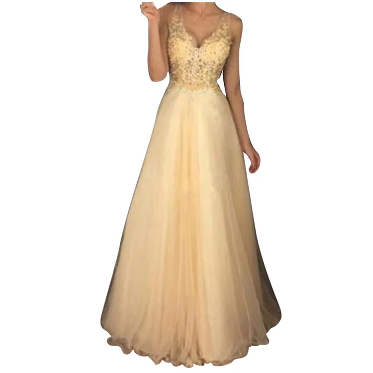 Women's Fashion Gold Sequin Lace Sexy Sleeveless Party V Neck Sling Prom Dress