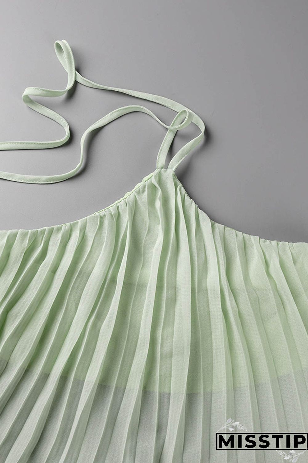 Mint green Casual Solid Bandage Backless Pleated Halter Sleeveless Two Pieces