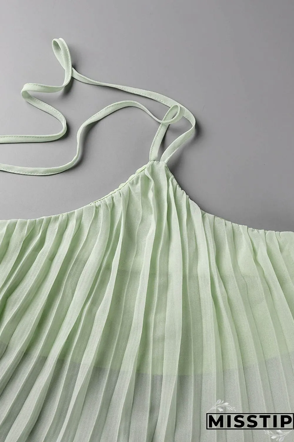 Mint green Casual Solid Bandage Backless Pleated Halter Sleeveless Two Pieces