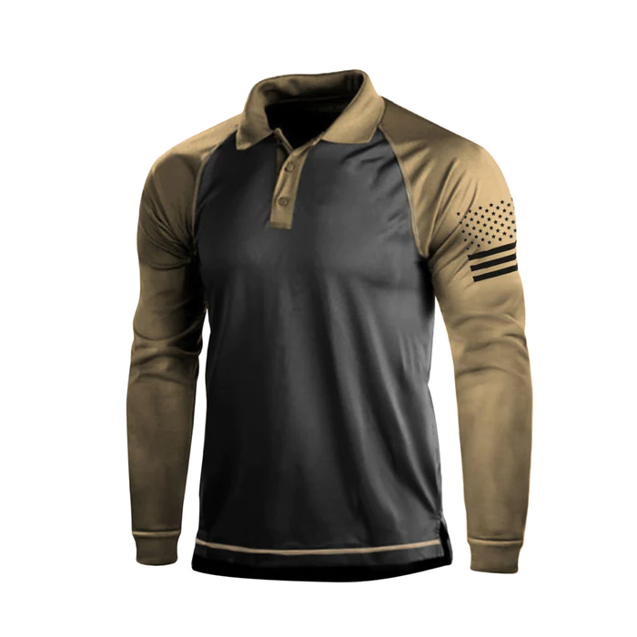 1/4 BUTTON BASIC COLOR BLOCK LONG SLEEVE POLO SHIRT