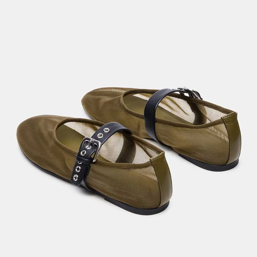 Olive Mesh Round Toe Flat Women's Mary Jane Shoes with Buckle