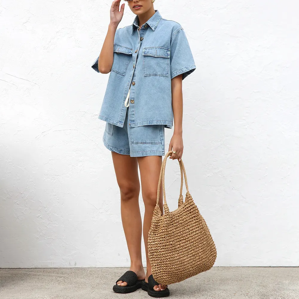 Retro Casual Loose Pockets Short Sleeved Shirt Shorts Denim Two Piece Sets