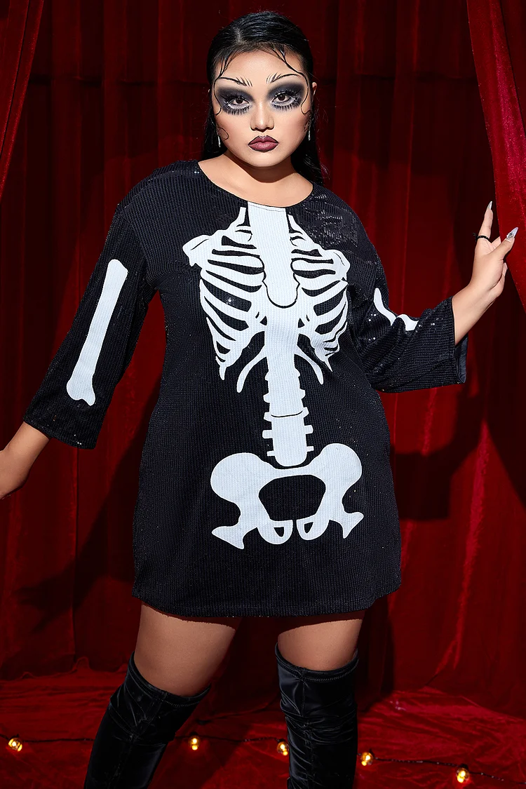 Xpluswear Design Plus Size Halloween Costume Black Sequin Skeleton Mini Dress With Pocket（Ships 24h）