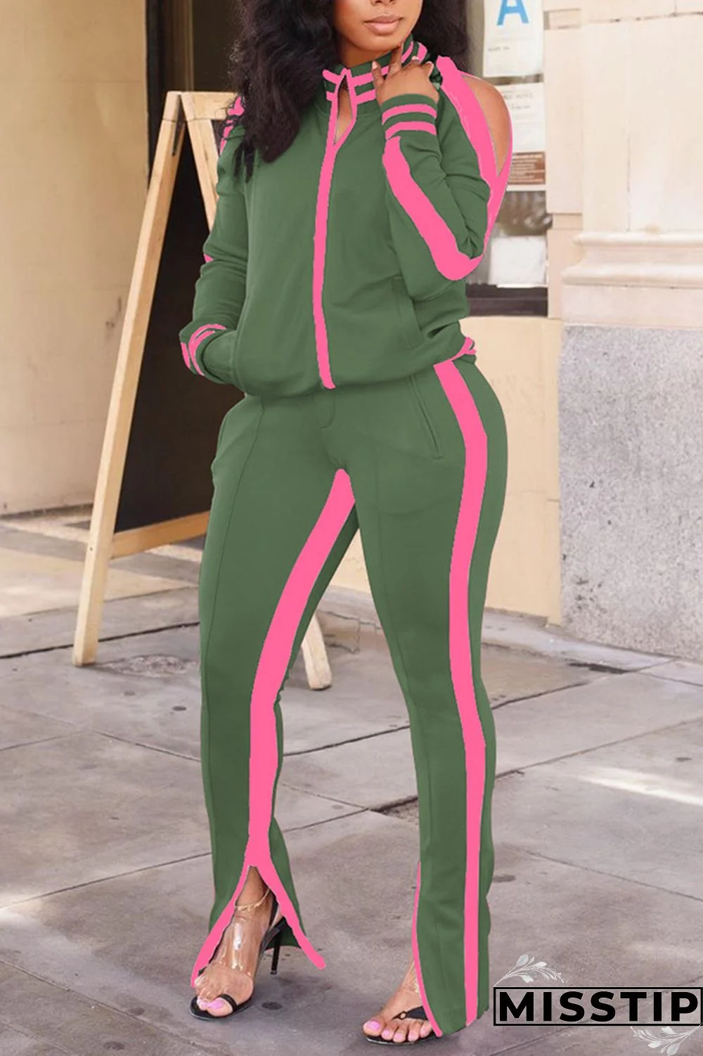 Khaki Fashion Casual Stitching Long Sleeve Sports Set