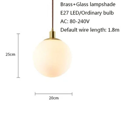 Nordic Loft Brass Single-head Glass Ball Pendant Lamps E27 LED Hanging Light For Kitchen Living Room Bedside Bathroom Hotel Room
