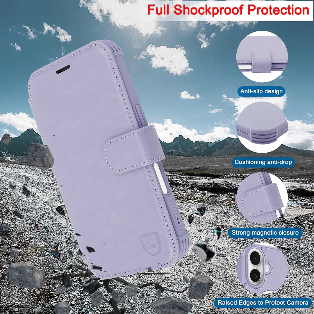 VANAVAGY Compatible for iPhone 16 Wallet Case for Magsafe Wireless Charging,Leather Flip Folio Wrist [Glass Screen Protectors & Camera Lens Protectors] with RFID Block Card Holder