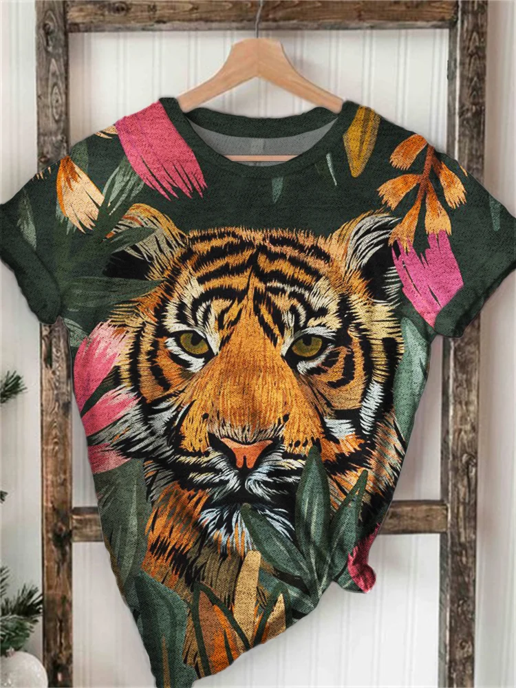 Tiger in Floral Forest Art Graphic T Shirt