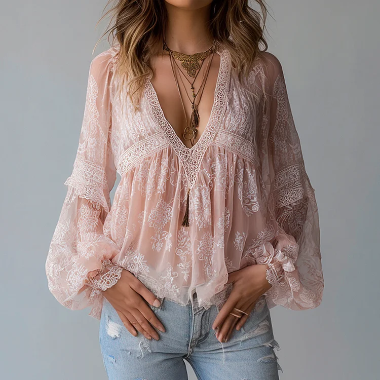 Ursime Boho Lantern Sleeve V Neck Lace Blouse