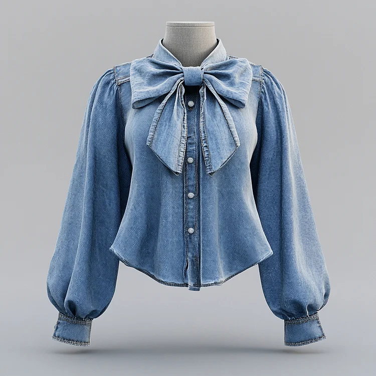 Ursime Denim Tie Neck Bow Button Puff Sleeve Blouse