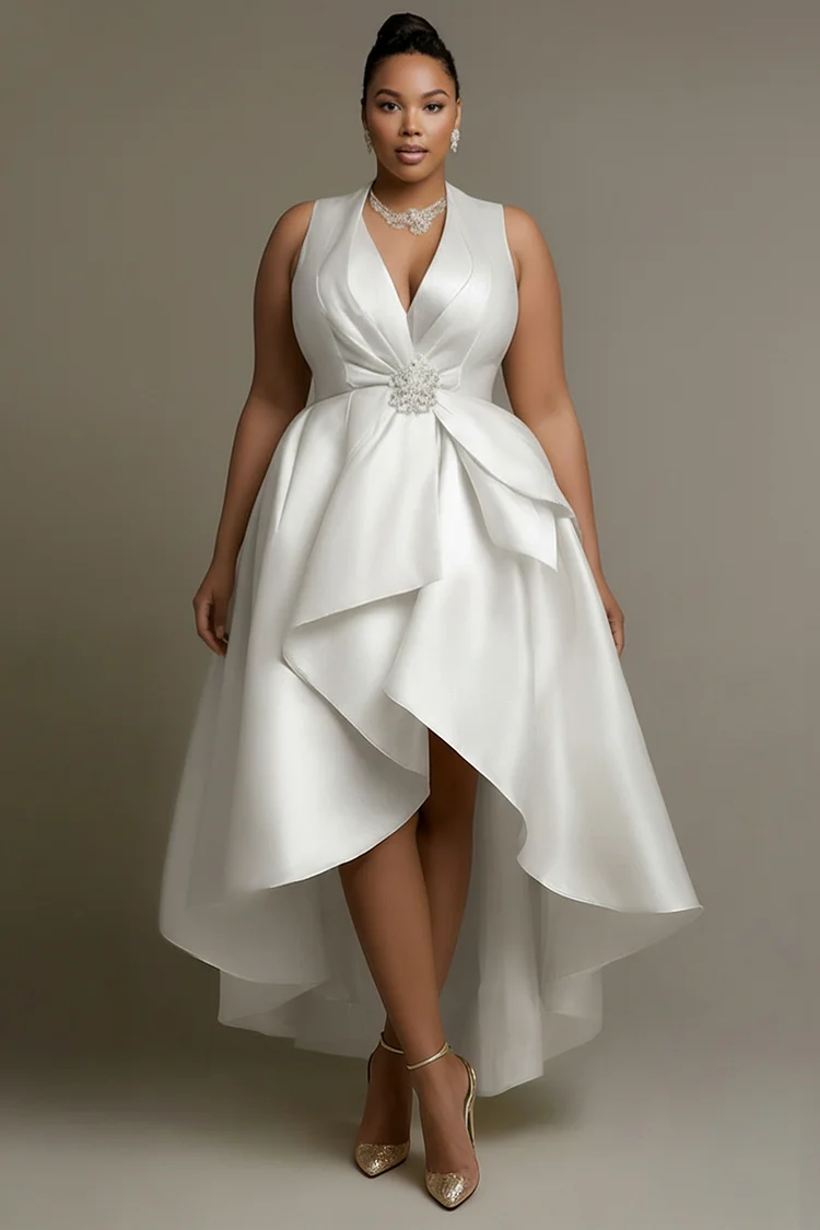 Xpluswear Design Plus Size Wedding White Wrap Neck High Low Hem Pocket Satin Midi Dresses [Pre-Order] 2024 - Xpluswear