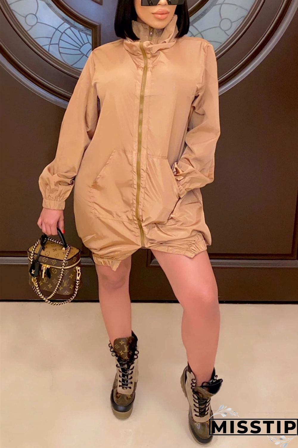 Orange Casual Solid Patchwork Pocket Zipper Collar Long Sleeve A Line Dresses