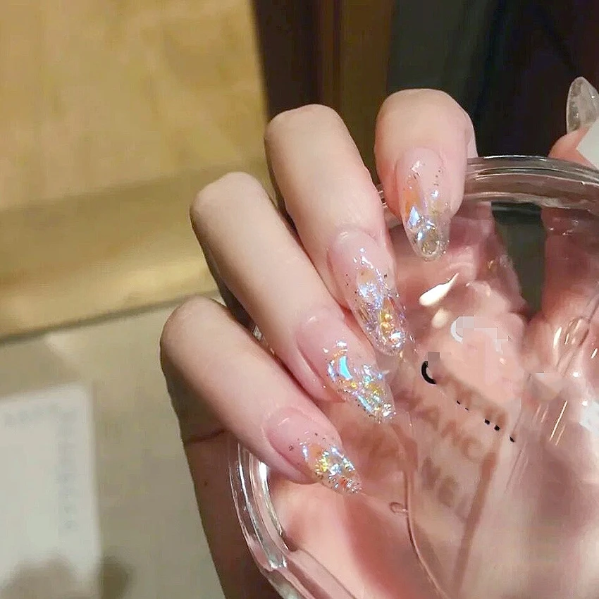 Bayuyun 24Pcs/Set Coffee Leopard French Fake Nails with Diamonds Japan Korean Artificial Acrylic Press on Nails Removable Stick on Nails