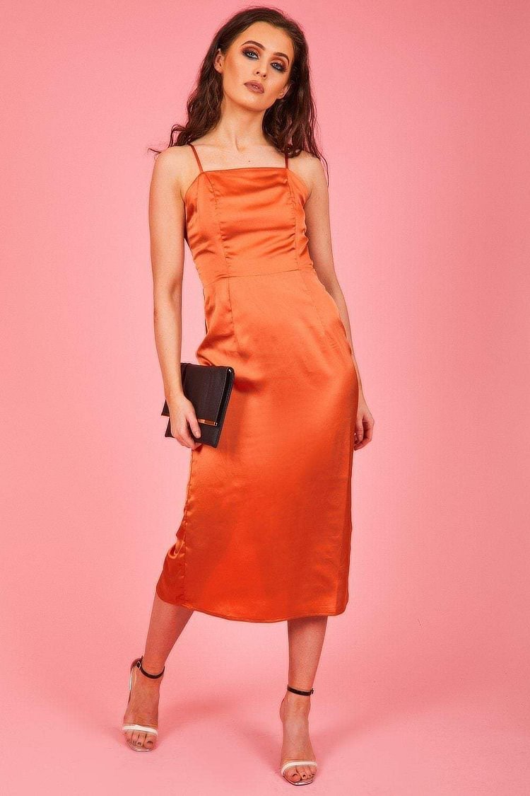 Burnt Orange Satin Midi Dress | Dresses 