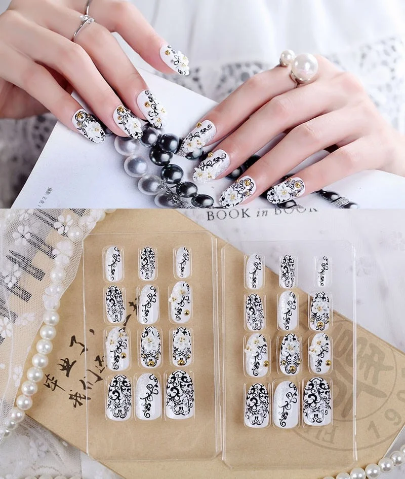 24Pcs/Set Fake Nails Press on Girls Finger Beauty False Nail Art Tips Bright Shining 3D Diamond Full Cover French Nail Art Tips-Nail Inspo