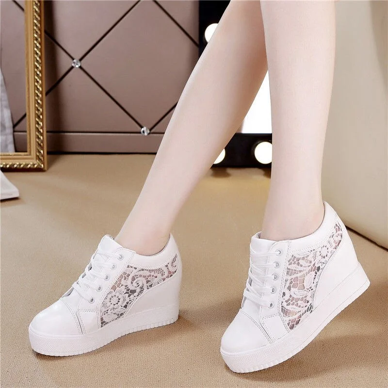 Yyvonne 2022 New Women Wedge Platform Sneakers Rubber Leather High Heels Lace Up Shoes Height Increasing White Thick Bottom 40