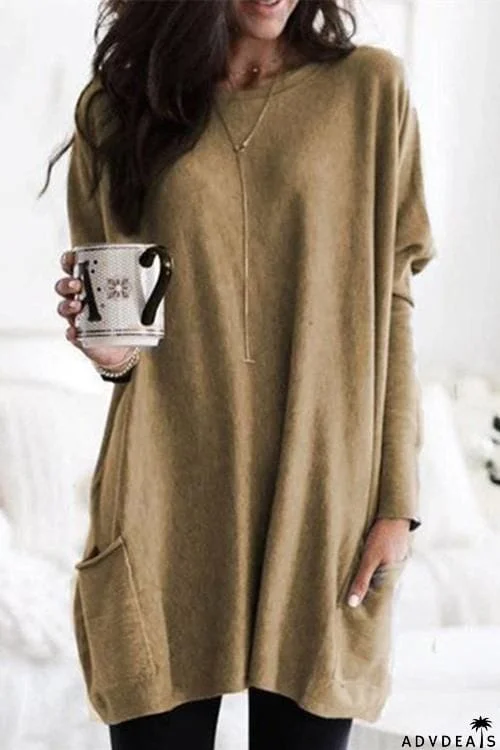 Pockets Long Sleeve Loose T Shirt