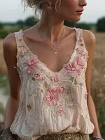 Bohemian Retro Pink Floral Pattern Women's Sleeveless Thin Shoulder Strap Vest