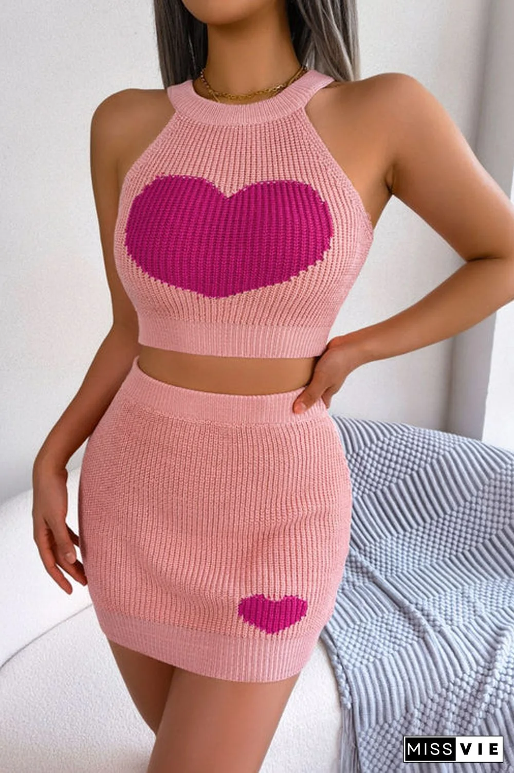 Heart Contrast Ribbed Sleeveless Knit Top and Skirt Set