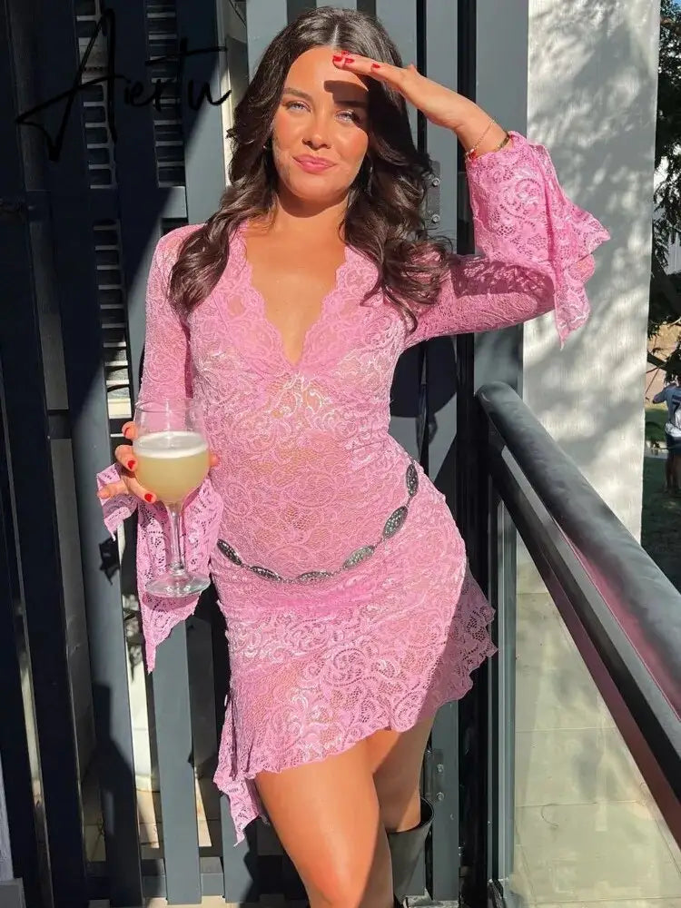 Sexy See Through V-neck Longsleeve Lace Mini Dress Women Summer Skinny Hollow Out Dresses Club Party Clothes Aiertu