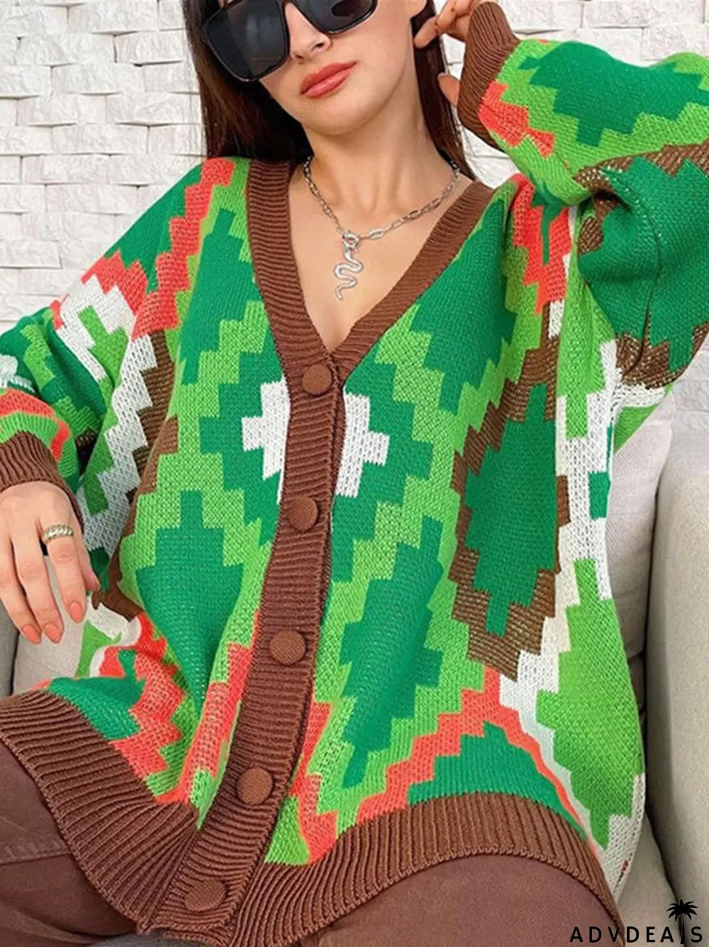 Women's V-neck Plaid Twist Knitting Long Sleeved Top
