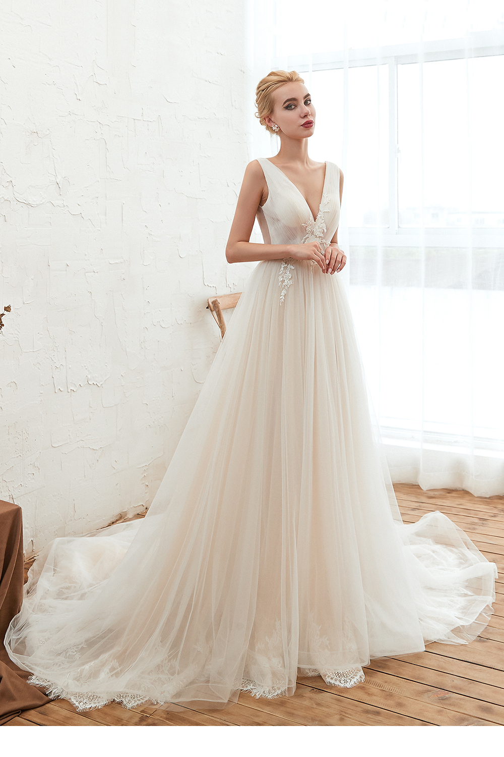 Bellasprom Pretty Deep V-Neck Wedding Dress With Tulle Straps Bellasprom