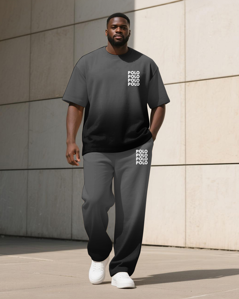 Men's Plus Size Gray Black Gradient Letter Print T-shirt Trousers Suit