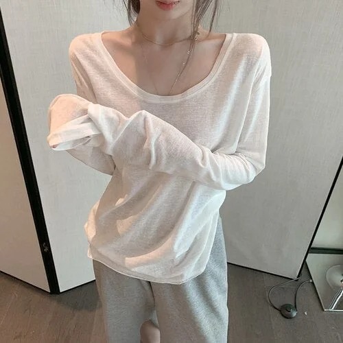 T-shirts Women White O-Neck Thin Summer Loose Long Sleeve Basic Sun-proof All-match Korean Style Soft Tess Female Tops Simple