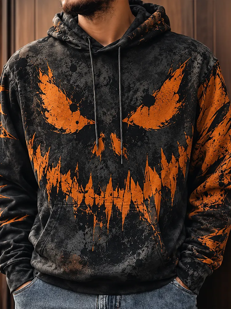 Men's Casual Hooded Sweatshirt With Distressed Dark Halloween Evil Jack-o'-lantern Face Graphic