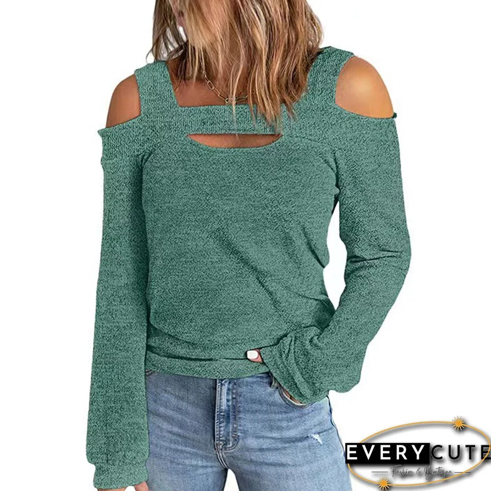 Green Cut-out Cold Shoulder Long Sleeve Tops