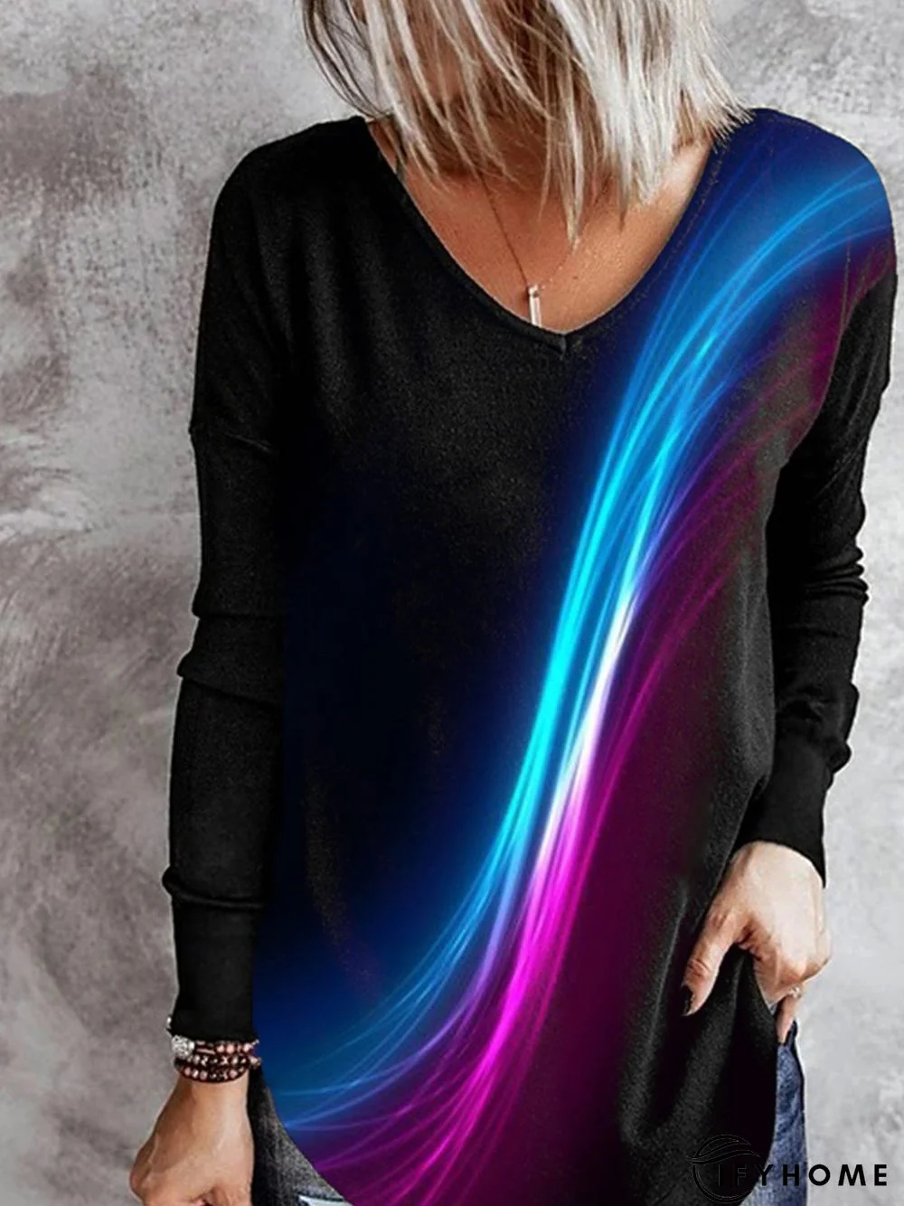 Women Casual Abstract Autumn V neck Micro-Elasticity Daily Long sleeve Mid-long Regular Size T-shirt | IFYHOME