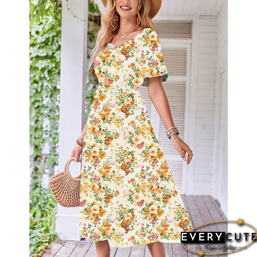 Light Yellow Puff Sleeves Back Pleated Floral Dress