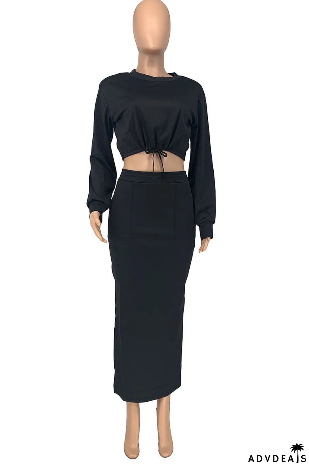 Blue Casual Solid Split Joint O Neck Long Sleeve Two Pieces