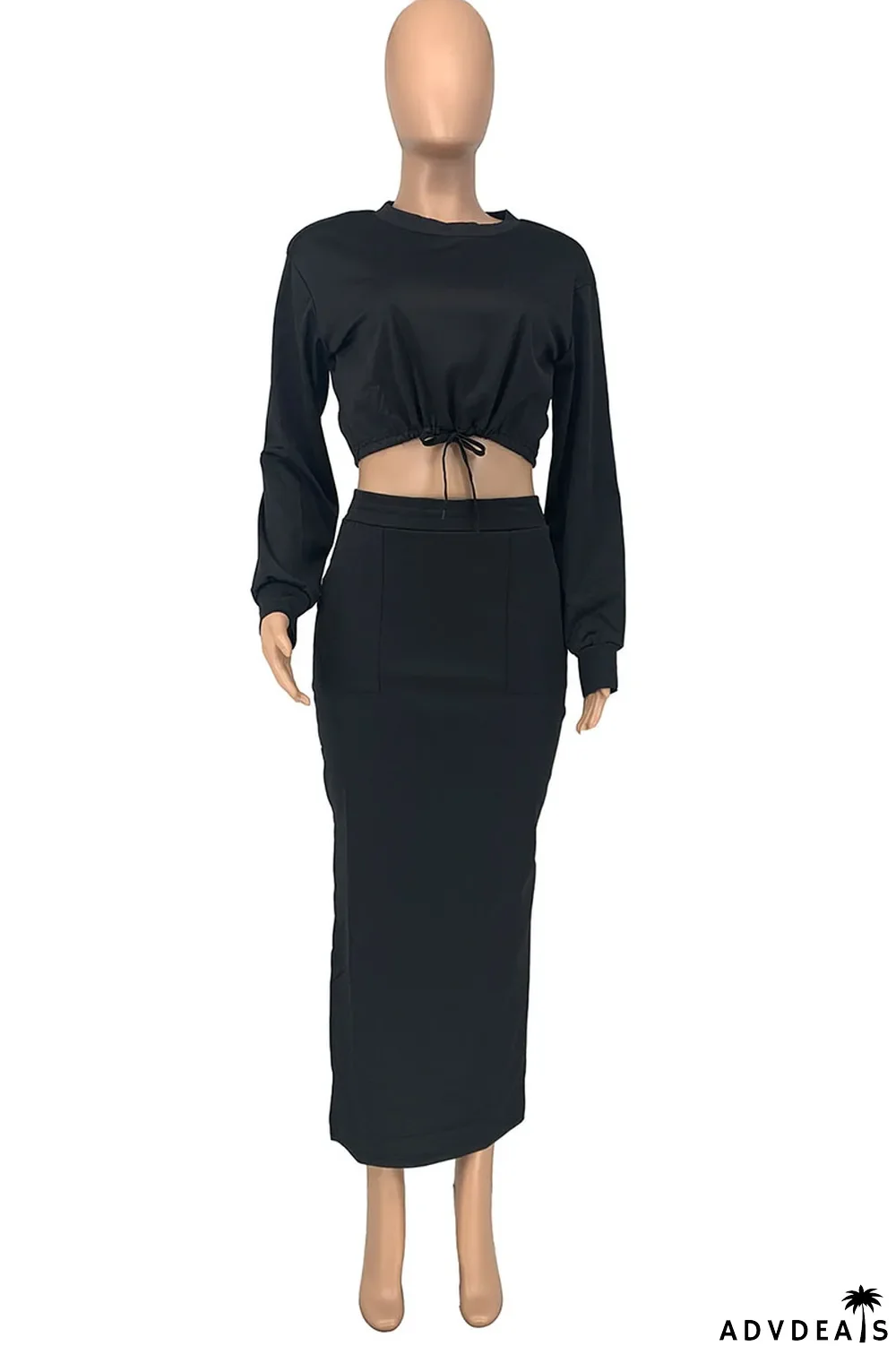 Blue Casual Solid Split Joint O Neck Long Sleeve Two Pieces